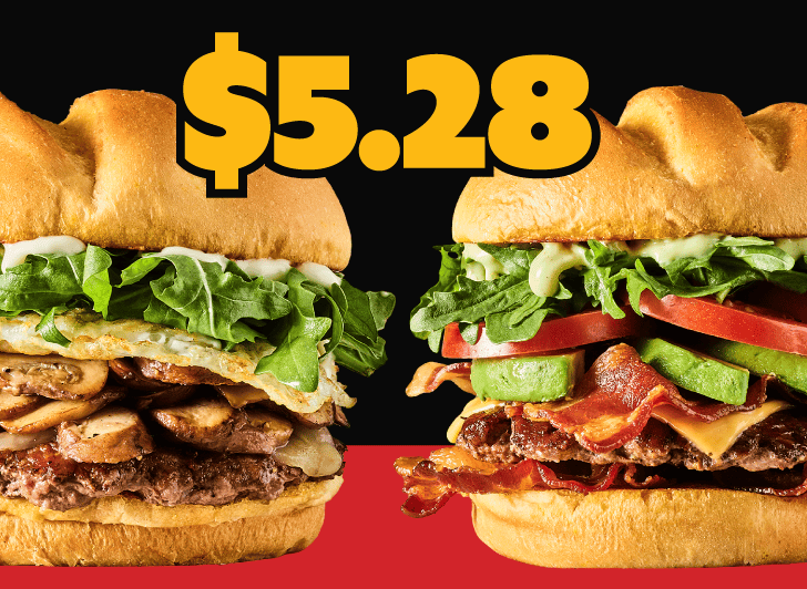 $5.28 singles on 5/28/26 only! Stop in and use code 528SINGLE to redeem online or instore. Image shows juicy new limited time burgers, truffle mushroom egg burger with fresh arugala, and the new green goddess avocado bacon stack burger.