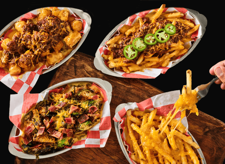 loaded sides, chili cheese tots, chili jalapeno fries, bacon cheese brussels, and cheesy fries
