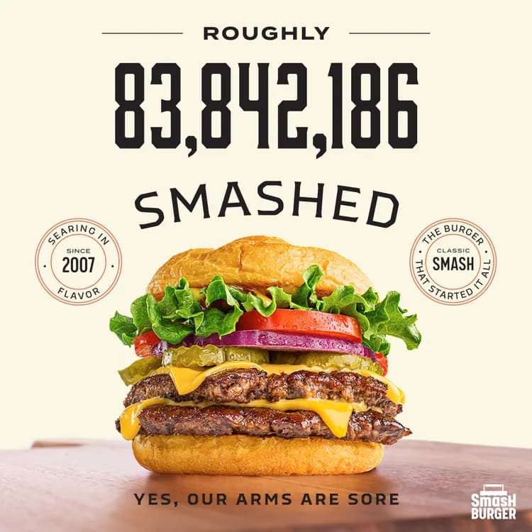 In image: Double classic smashburger sitting on table. text reads Roughly 83,842,186 Smashed. Searing since 2007 the burger that started it all. 