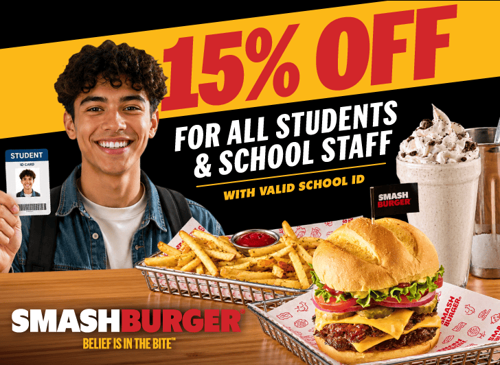 15% off for all students & school staff with valid school id. Smashburger belief is in the bite