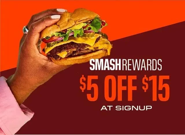 Smashrewards $5 off $15 at sign up. Photo shows a juicy double classic smash.