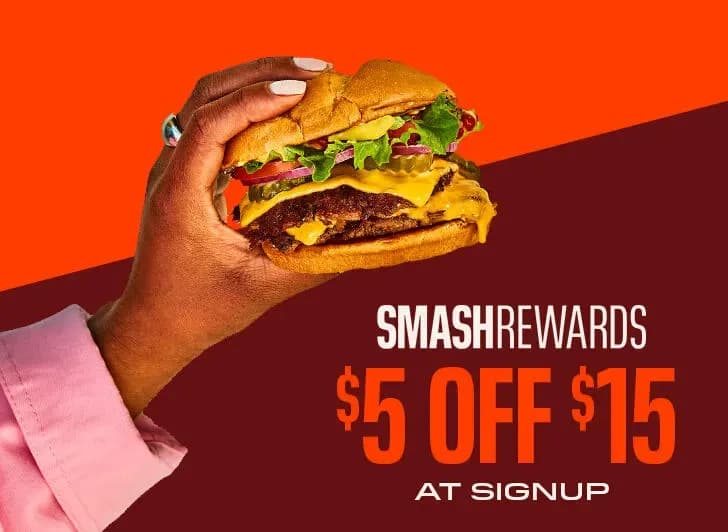 Smashrewards $5 off $15 at sign up. Photo shows a juicy double classic smash.